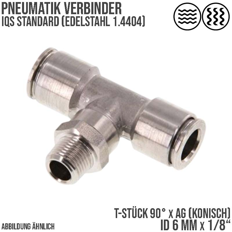 6 mm x 1/8" Pneumatik Steck Verbinder T-Stück 90° IQS Edelstahl VA 1.4404 Außengewinde konisch - PN 15 bar