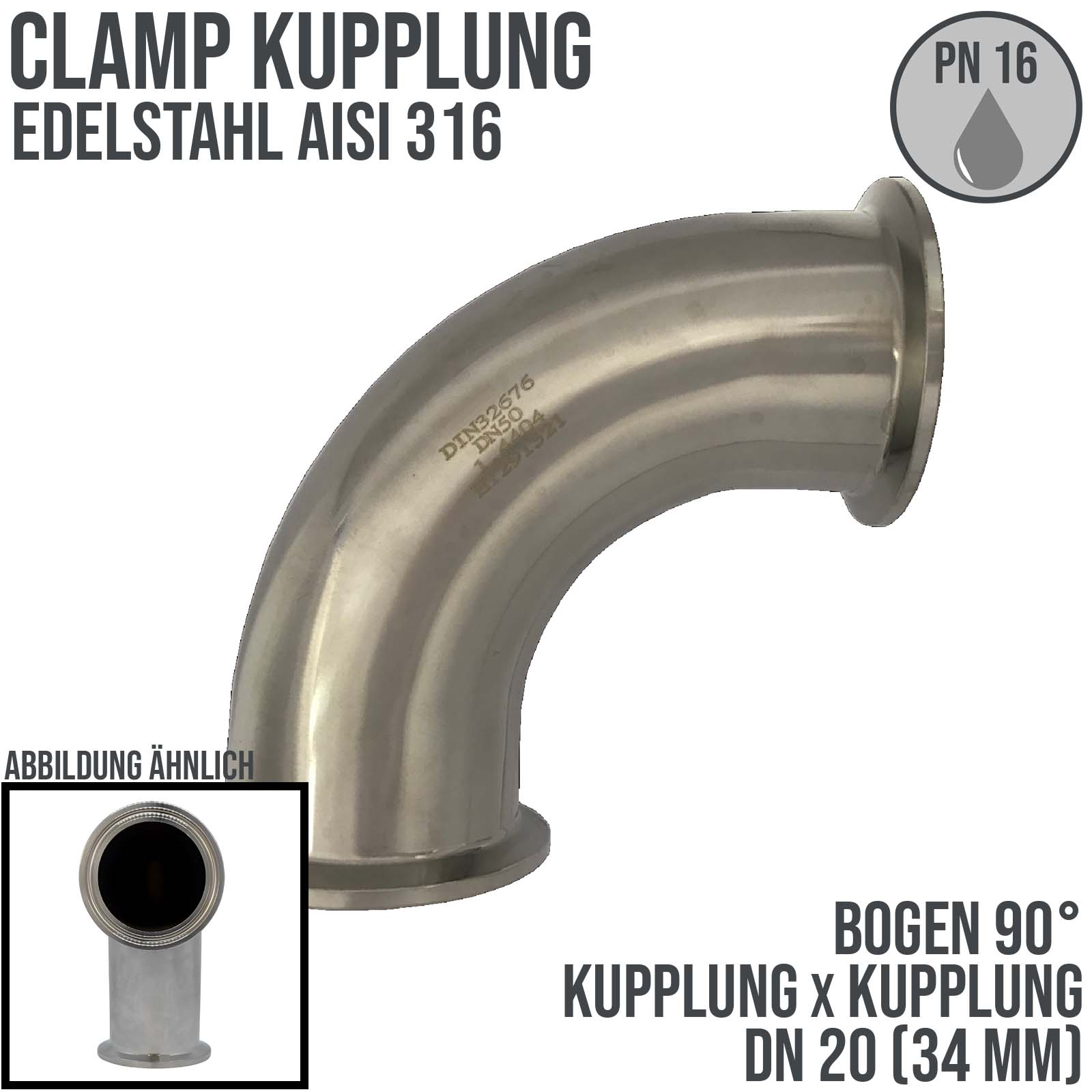 CLAMP Kupplung Bogen 90° 34 mm DIN 32676 Flansch Teller DN 20  3/4" - PN 16 bar