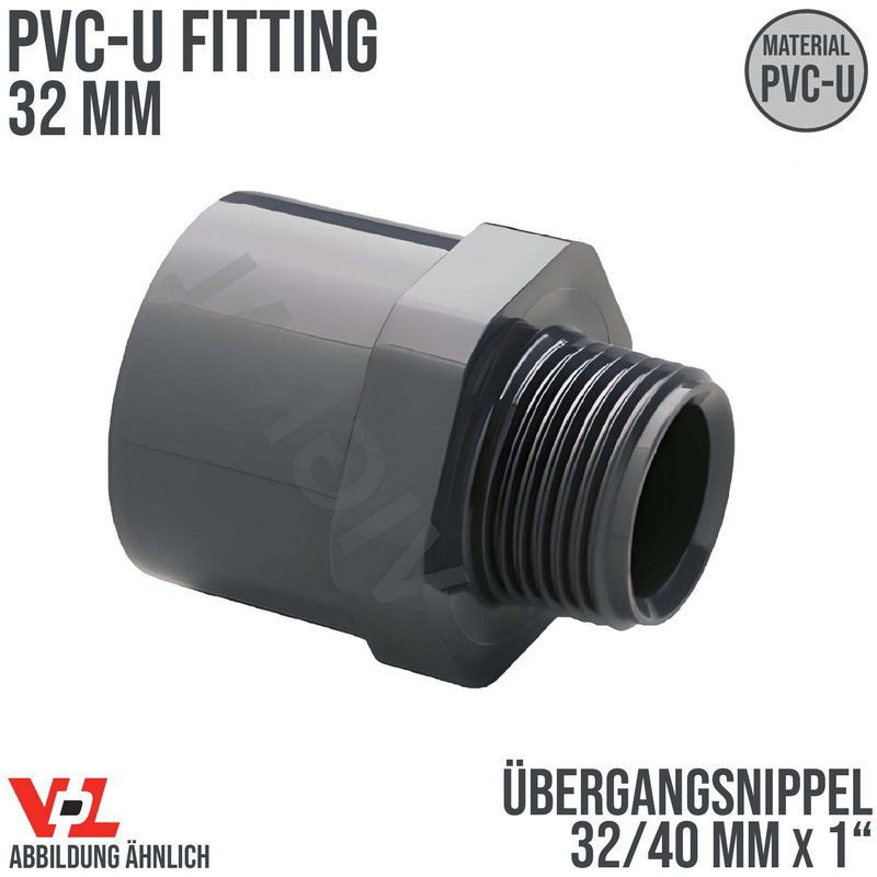 32 mm VDL PVC Klebe Fitting Übergangsnippel Achtkant 32/40 mm x 1" - PN 16 bar