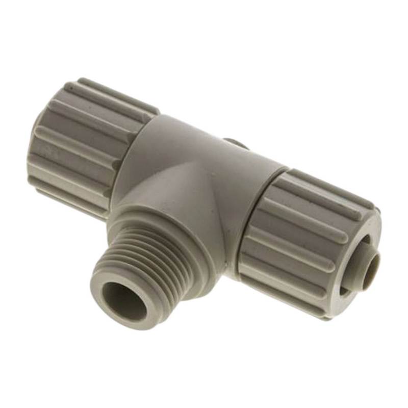 10 x 4 mm x 1/8" T-Stück 90° Außengewinde TX Fitting Gewebe Schlauch Verbinder FDA PP beige - PN 10 bar