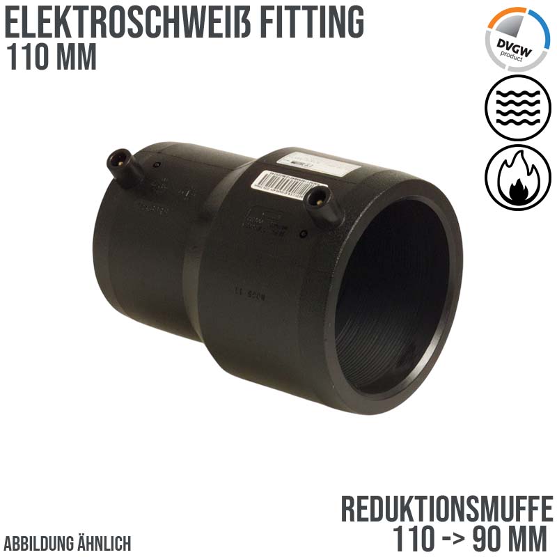 110 mm PE 100 Elektro Schweiß Fitting Reduzier Muffe 110 x 90 mm SDR 11 DVGW 24 VAC schwarz