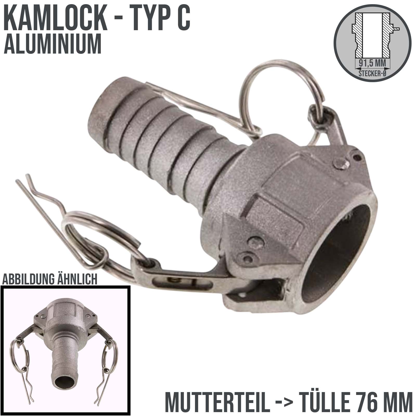 Kamlock Typ C - Mutterteil (91,5 mm) Aluminium ALU -> Tülle 76 mm 3" Zoll DN75 DN80 - PN 10 bar
