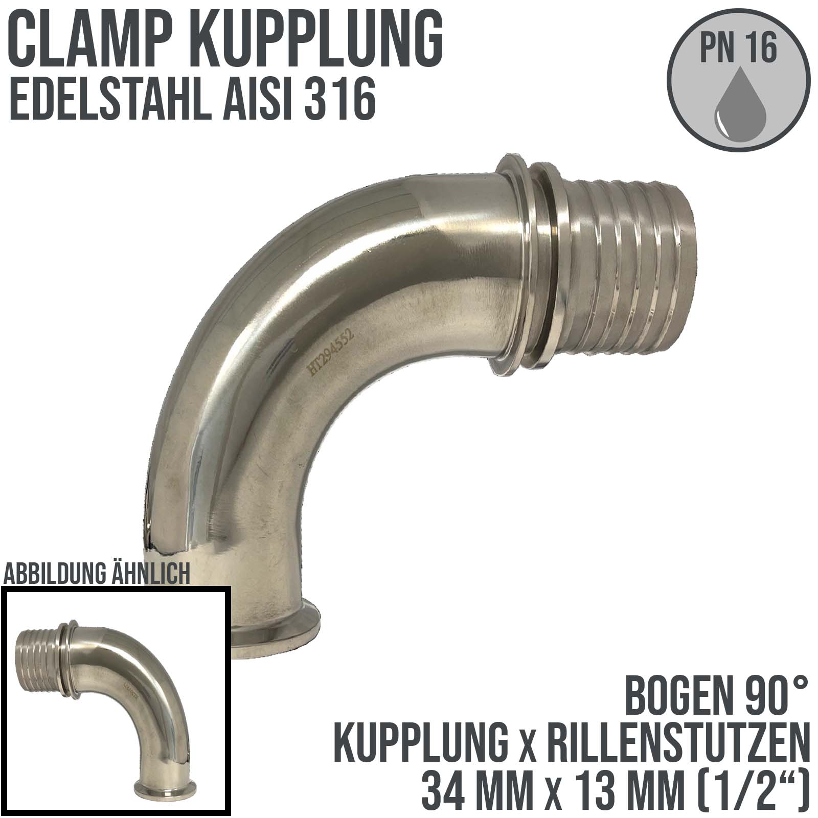CLAMP Kupplung 90° Bogen 34 mm Schlauch Stutzen Tülle Rillen 13 mm 1/2" - PN 16 bar