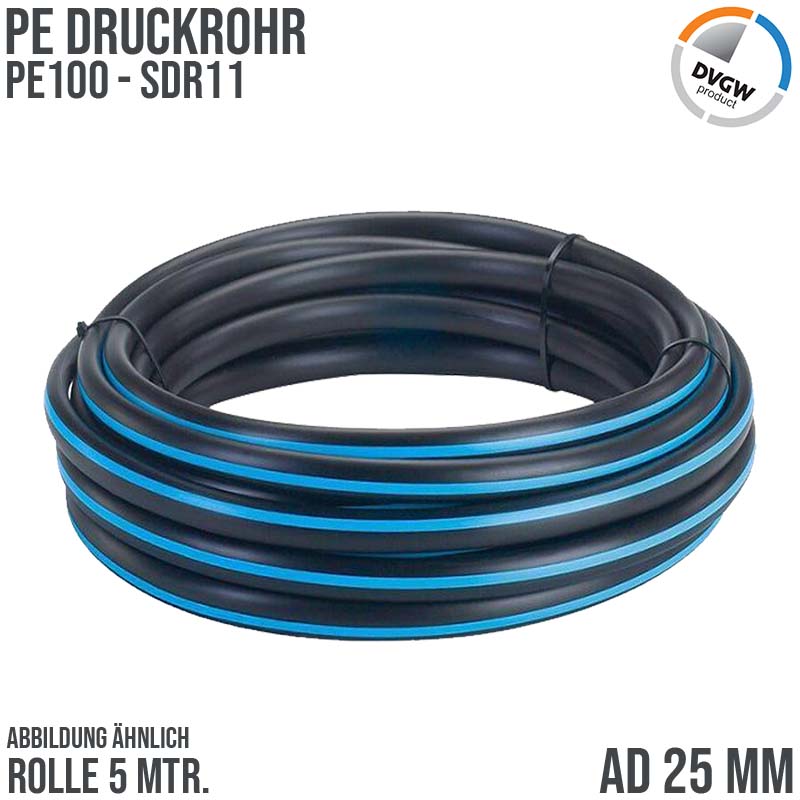 25 x 2,3 mm PE PP Rohr HD Druckrohr Trink Brauch Wasser PE 100 DVGW SDR 11 PN 12,5 bar - 5 m Rolle