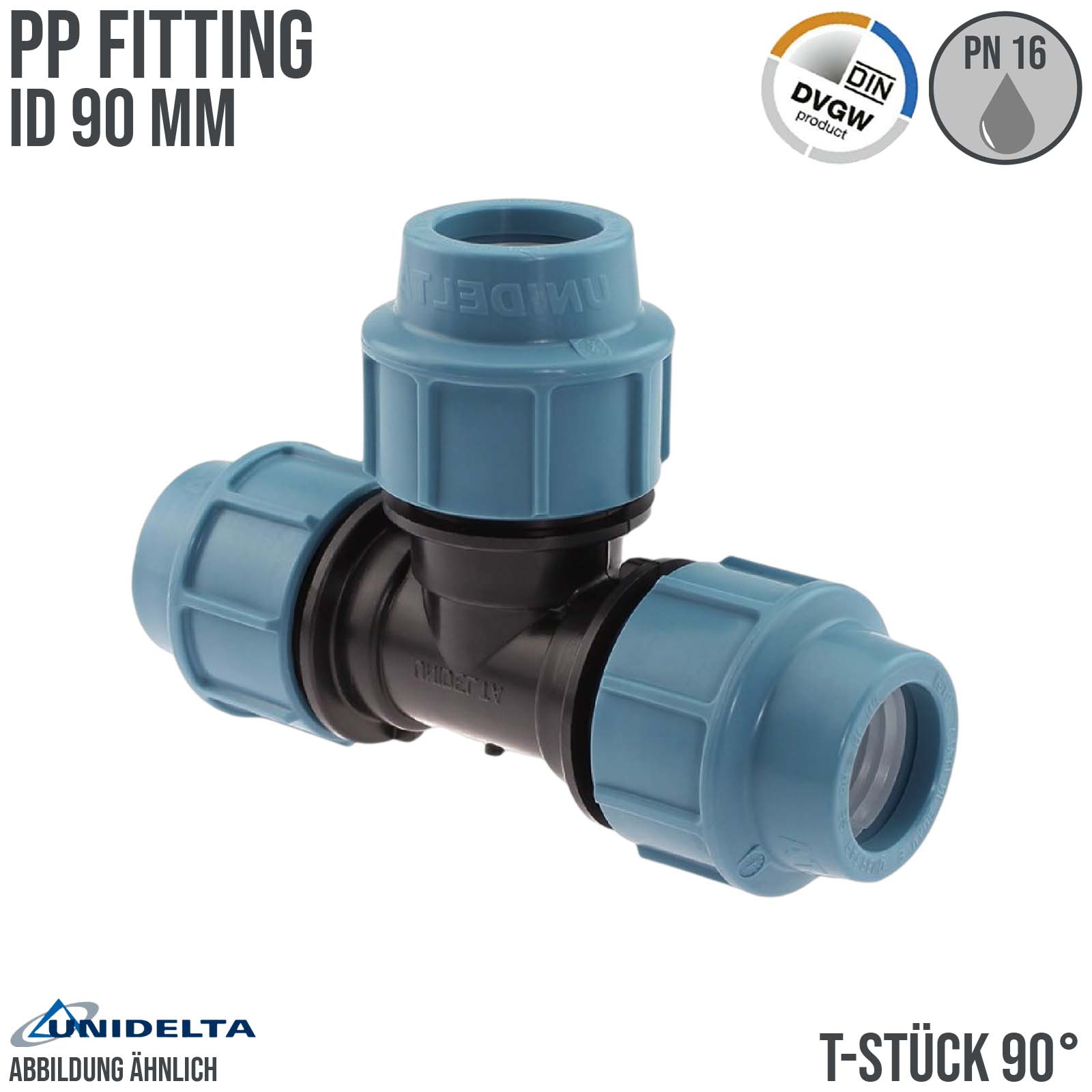 90 mm PE PP Fitting Klemm Verbinder Verschraubung Muffe Rohr Winkel 90° DVGW - Unidelta