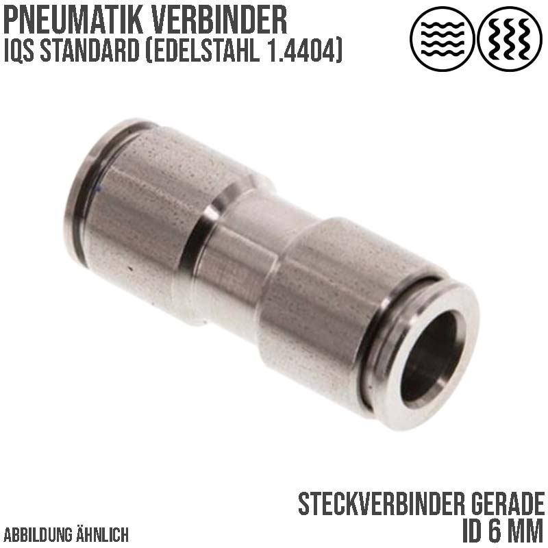 6 mm Pneumatik Schnell Steck Verbinder IQS gerade Edelstahl 1.4404 PA PU Schlauch - PN 16 bar