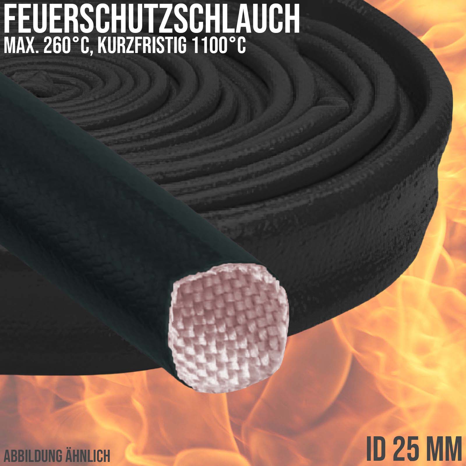 25 x 2,6 mm Feuer Flamm Brand Schutz Schlauch Silikon Fiberglas DN schwarz EN 45545 DIN5510-2 - 20 m