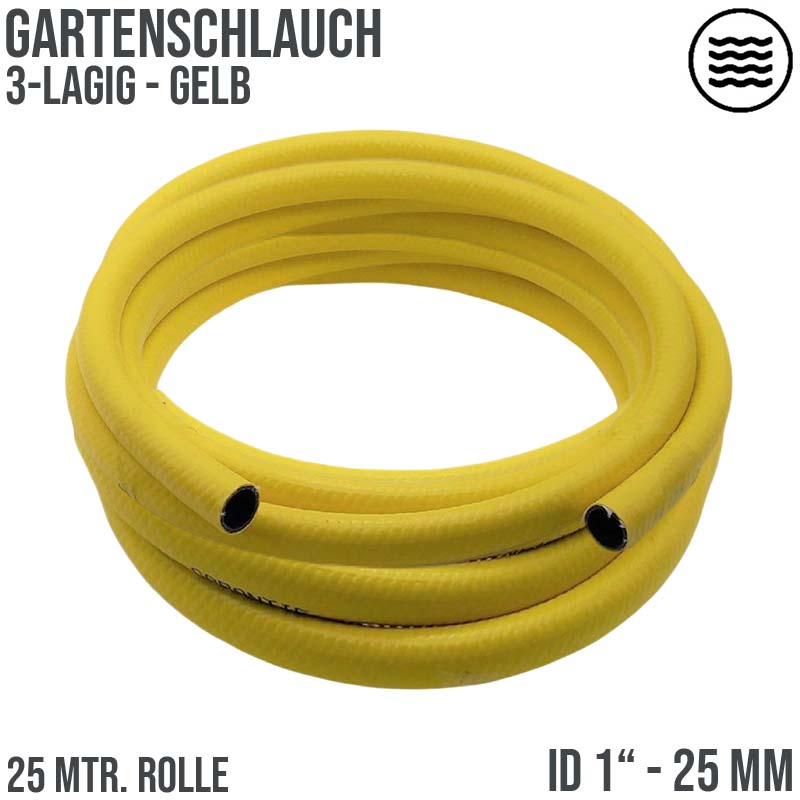 1" 25 mm Garten Wasser Bewässerung Universal Schlauch gelb 3 Lagen - PN 6 bar - 25 m
