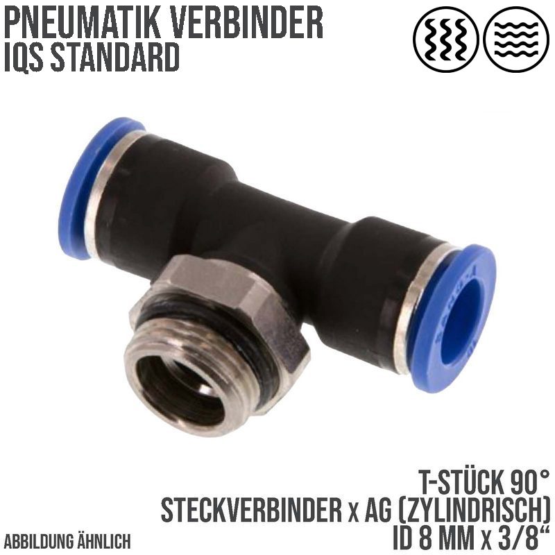 8 mm x 3/8" Pneumatik Steck Verbinder T-Stück 90° IQS Außengewinde zylindrisch - PN 20 bar