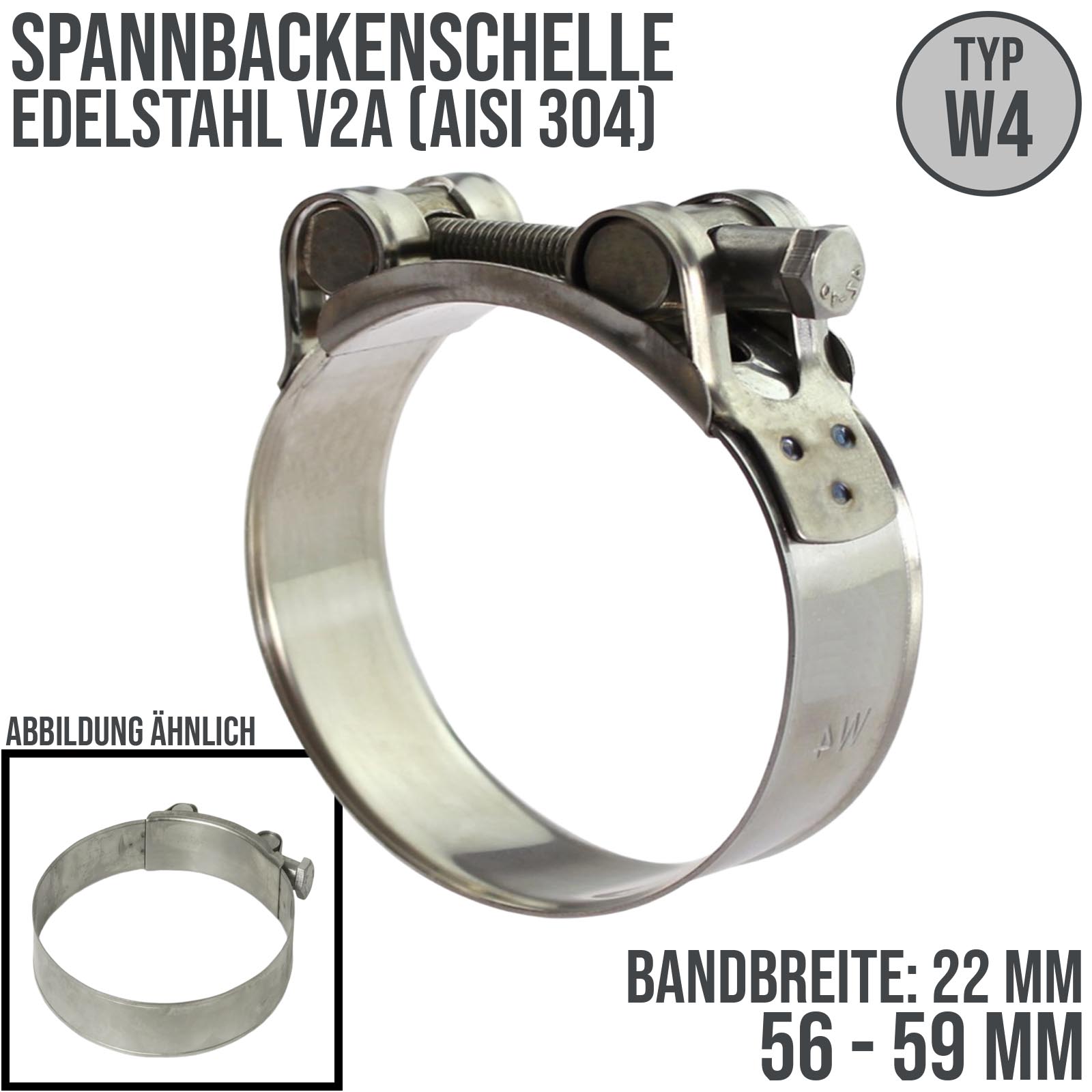 56 x 59 mm Gelenkbolzen (GBS) Spannbacken Panzer Schelle Edelstahl ASIS 304 Typ W4 - Bandbr.: 22 mm