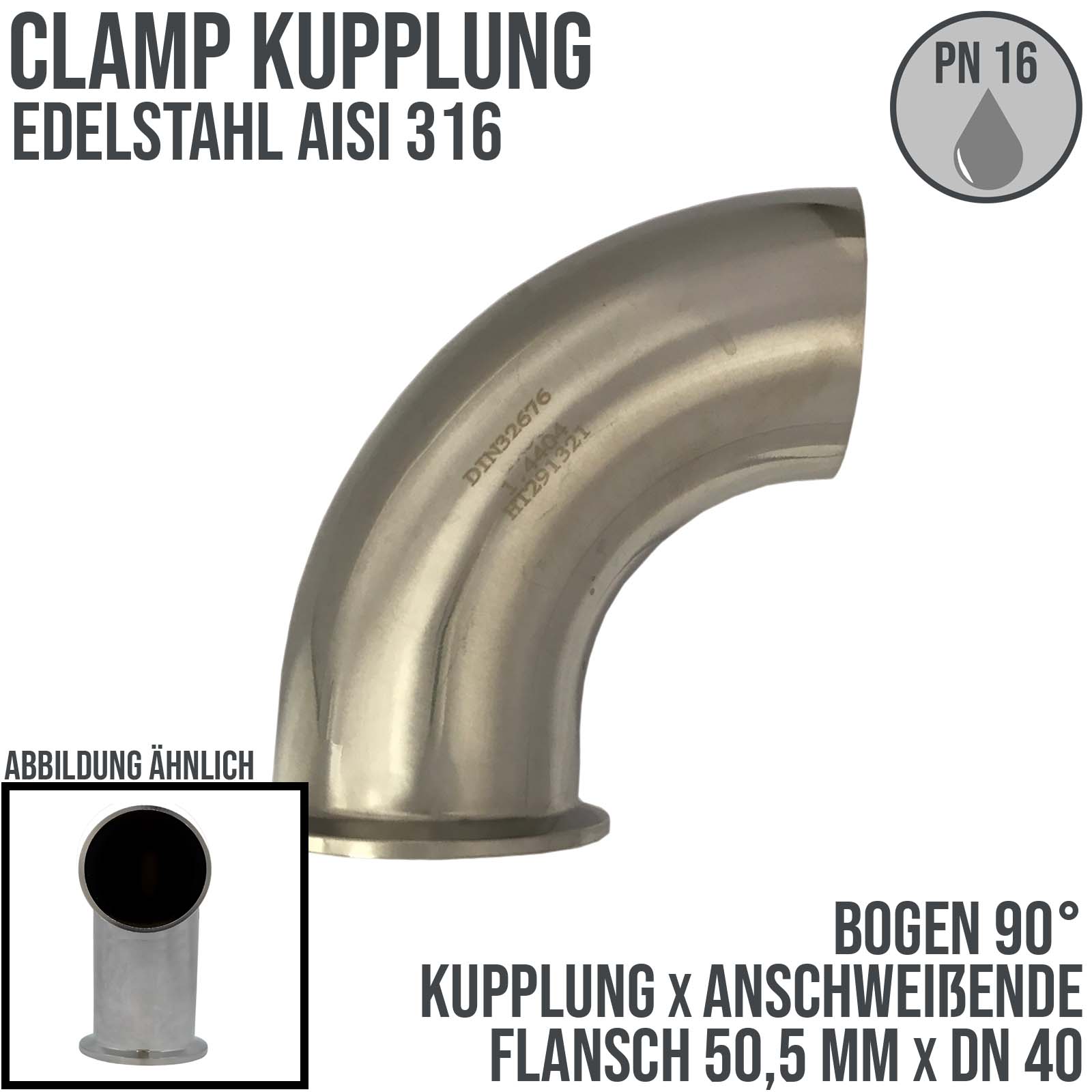CLAMP Kupplung Bogen 90° 50,5 mm DIN 32676 Flansch Teller Anschweissende DN 40  1 1/2" - PN 16 bar