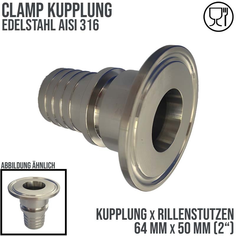 CLAMP Kupplung 64 mm Schlauch Stutzen Tülle Rillen 50 mm 2" - PN 16 bar
