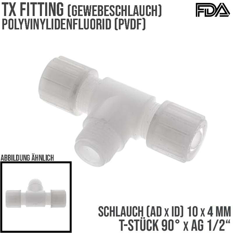 10 x 4 mm x 1/2" T-Stück 90° Außengewinde TX Fitting Gewebe Schlauch Verbinder FDA PVDF weiß - PN 10 bar