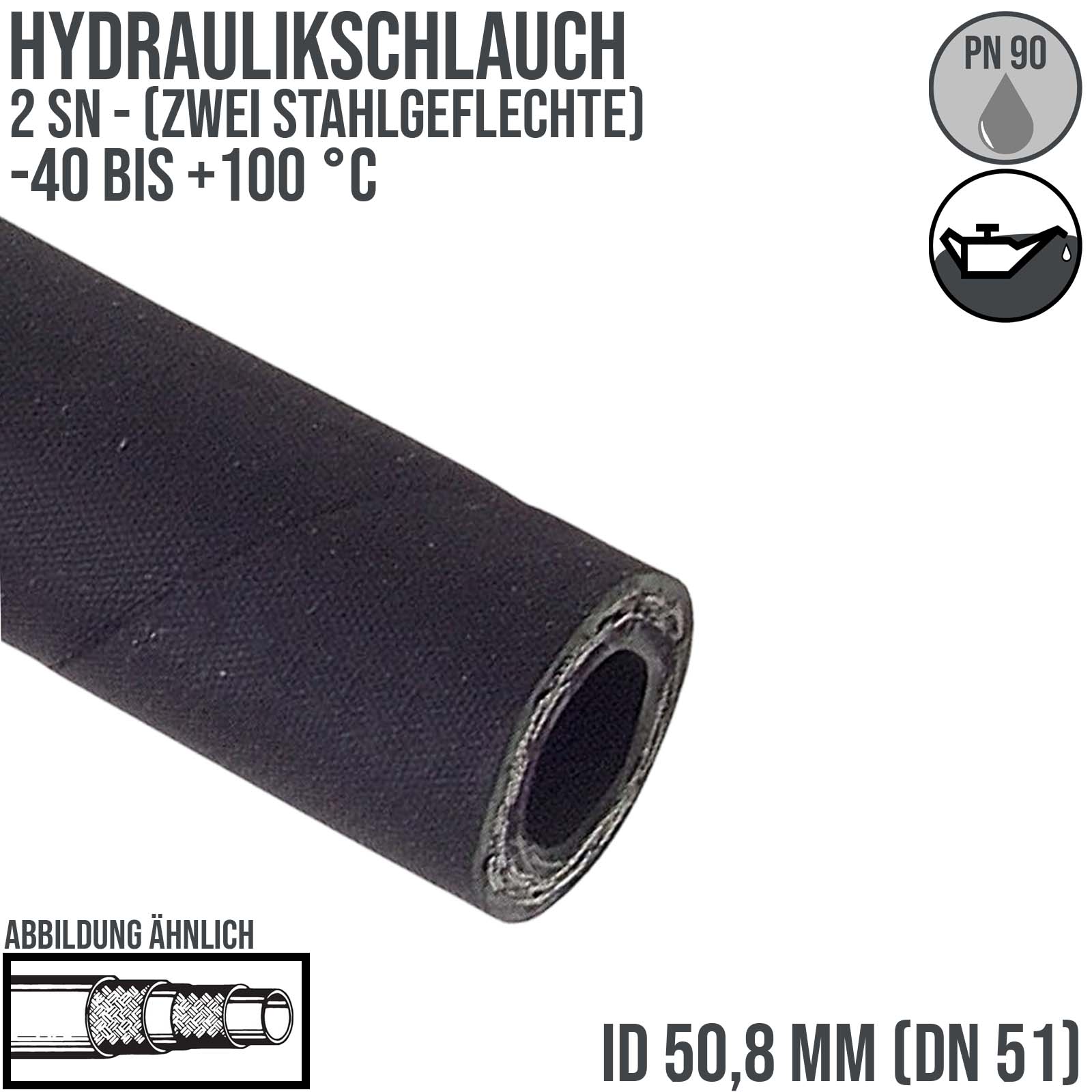 50,8 x 66,2 mm 2 SN DN 51 Hochdruck Hydraulik Wasser Kraftstoff Schlauch zweifach Draht Einlage schwarz EN 853 - PN 90 bar
