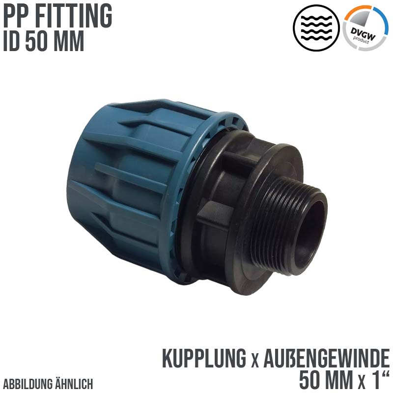 50 mm x 1" PE PP Fitting Klemm Verbinder Verschraubung Muffe Rohr Kupplung x AG DVGW - PN 16 bar