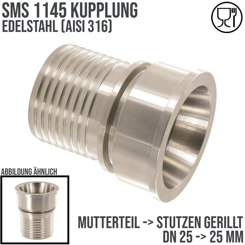 DN 25 SMS Kupplung 1145 Mutterteil MT Außengewinde Sicherungsbund - Stutzen gerillt 25 mm - PN 25 bar