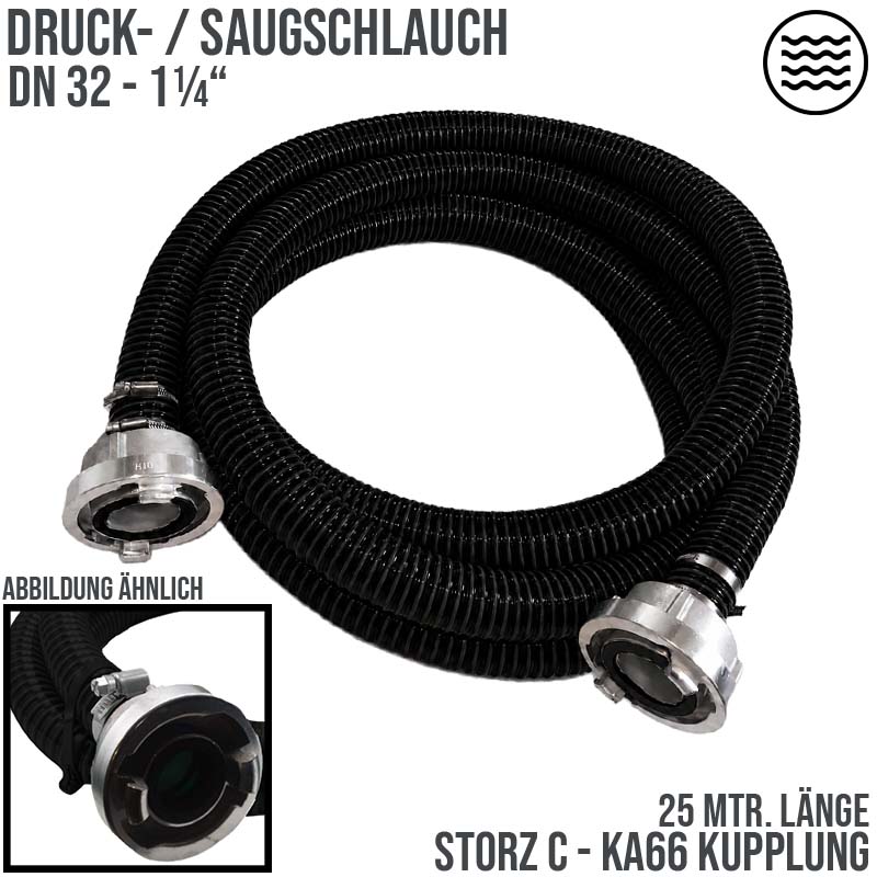 STORZ C DN52 KA66 - 32 mm 1 1/4" PVC Saug Ansaug Pumpen Spiral Schlauch PN 5 bar schwarz - 25 m Rolle