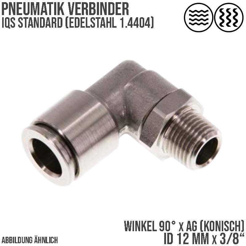 12 mm x 3/8" Pneumatik Steck Verbinder Winkel 90° eckig IQS Edelstahl VA 1.4404 Außengewinde konisch - PN 15 bar