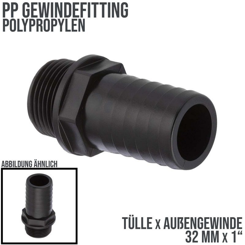 32 mm x 1 " PP Gewinde Fitting Schlauch Tülle Stutzen Außengewinde AG - PN 6 bar