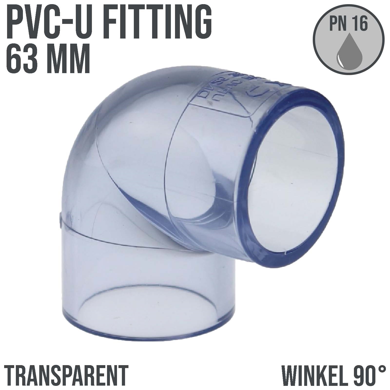 63 mm PVC Klebe Fitting Winkel 90° Muffe Verbinder - transparent durchsichtig - PN 16 bar