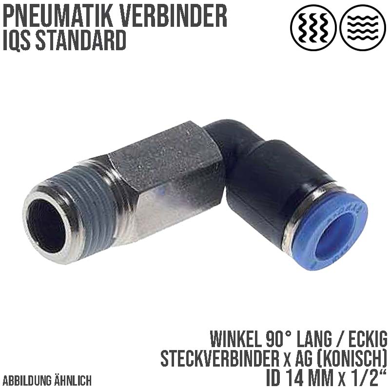 14 mm x 1/2" Pneumatik Steck Verbinder Winkel 90° lang IQS Außengewinde konisch - PN 20 bar