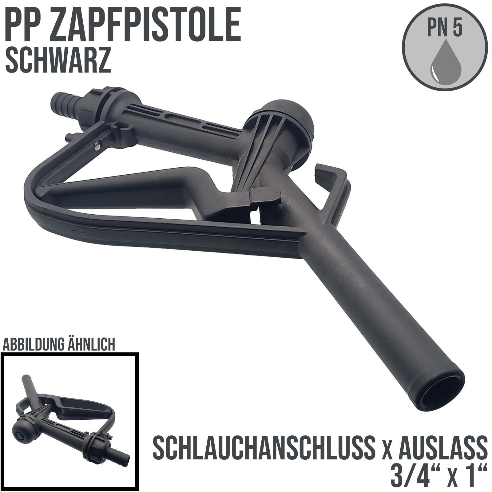 Zapfpistole (PP) schwarz Anschluss 3/4" auf Auslass 1" (nicht für ätzende Flüssigkeiten)