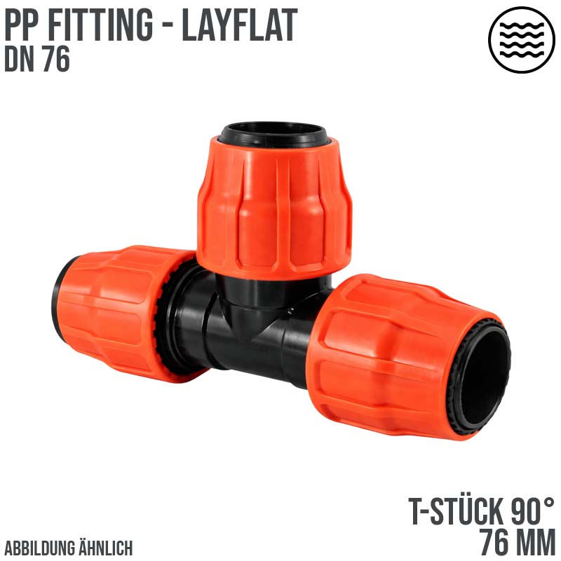76 mm PE PP Fitting Layflat Klemm Verbinder T-Stück 90° Kupplung Flach Schlauch - PN 6 bar