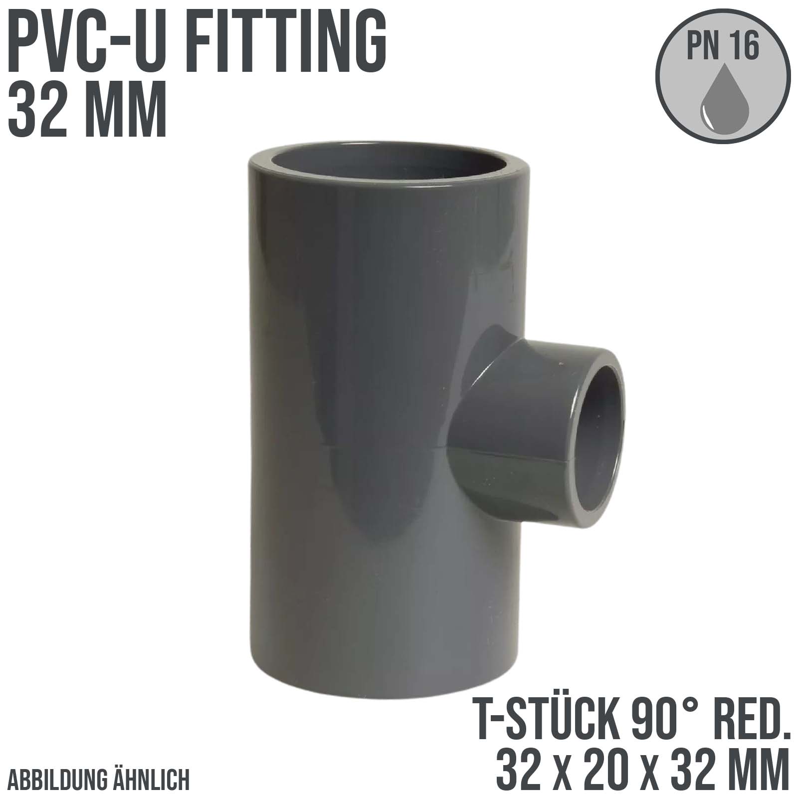 32 mm PVC Klebe Fitting T-Stück 90° Winkel reduziert 32 x 20 x 32 mm Muffe Verbinder - PN 16 bar