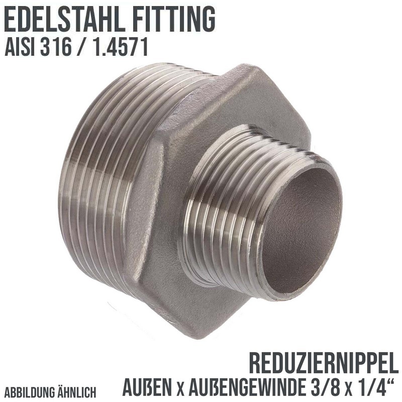 3/8" Edelstahl Fitting V4A AISI 316 Nr. 245 - Reduktionsnippel Außen x Außengewinde AG - 3/8 "x 1/4" - PN 16 bar