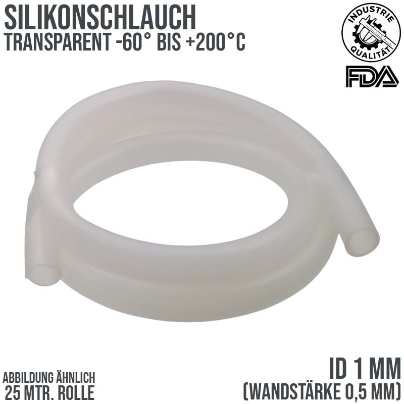 1 x 2 mm Silikon Silicon Industrie Schlauch transparent talkumiert Lebensmittel FDA - 25 m