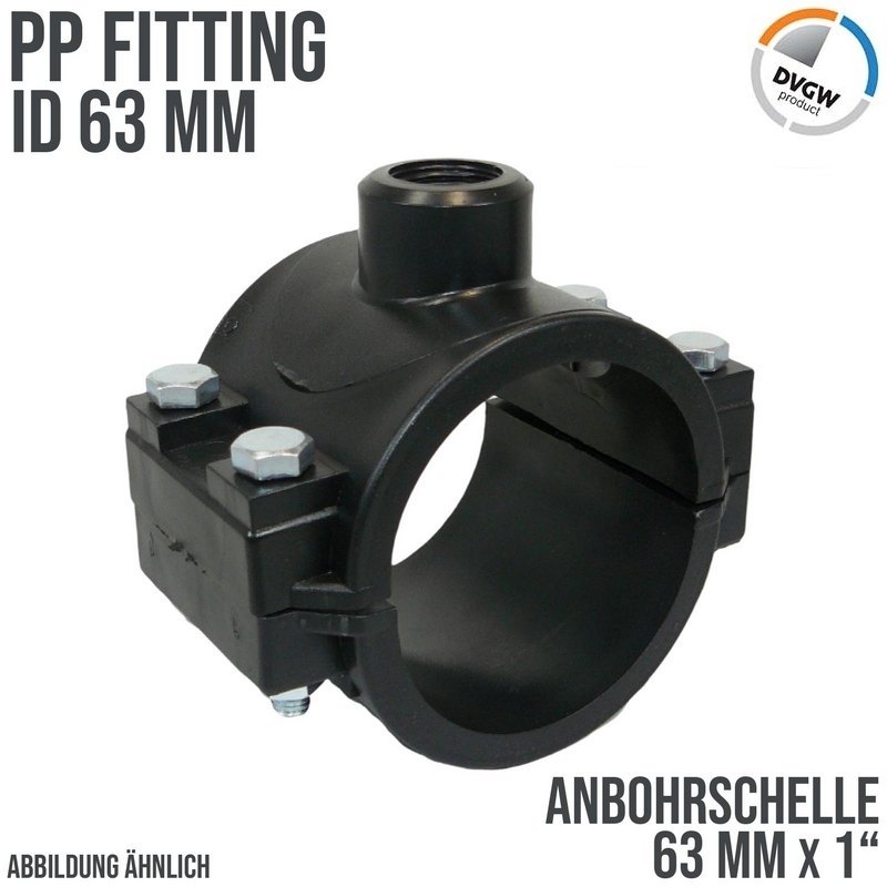 63 mm x 1" PP PE Anbohr Abzweig Schelle Klemmschale x Innengewinde DVGW [PN16]