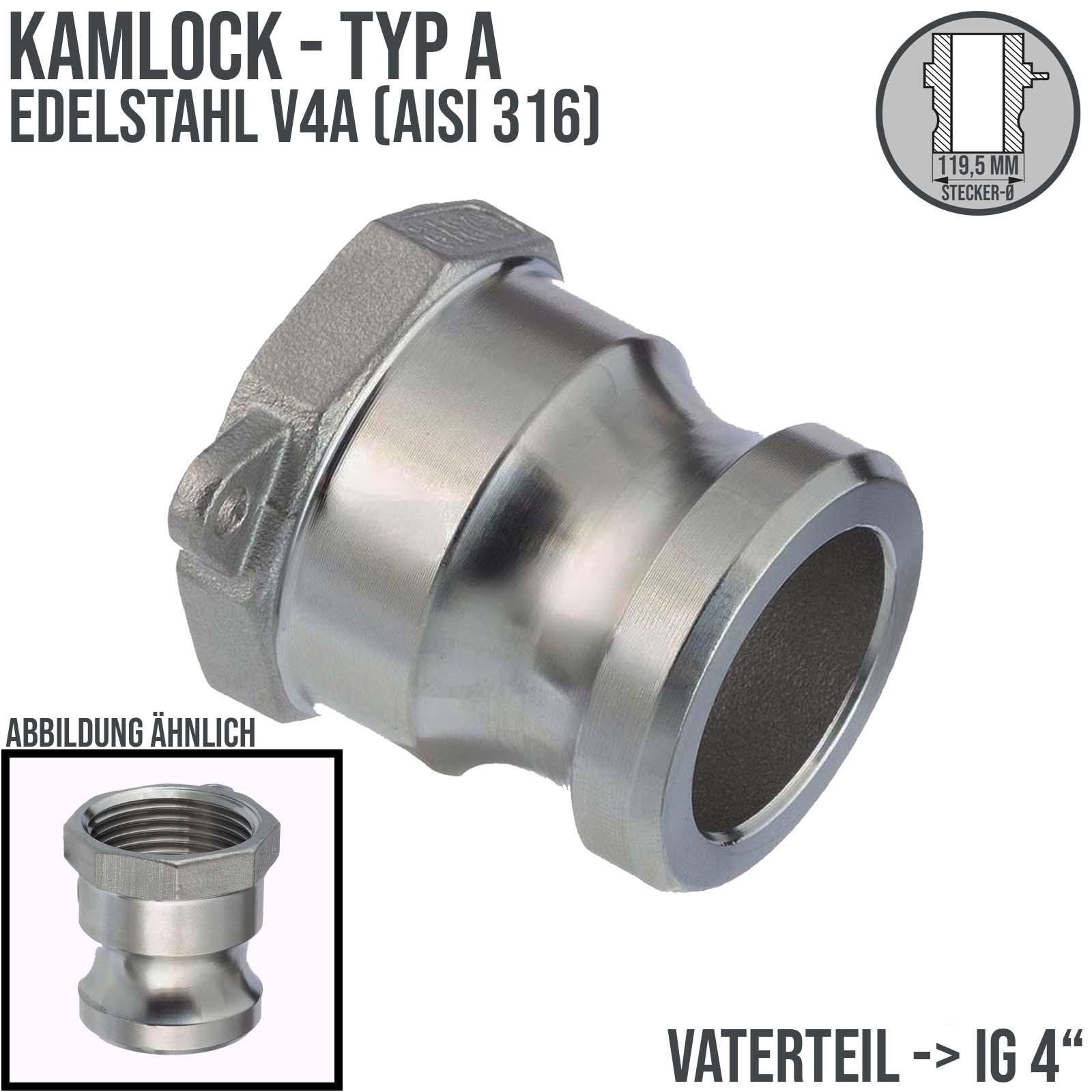 Kamlock Typ A - Vaterteil Edelstahl V2A (AISI 316) - 119,5 mm Stecker mit Innengewinde (IG) 4" Zoll DN 100 - PN 7 bar