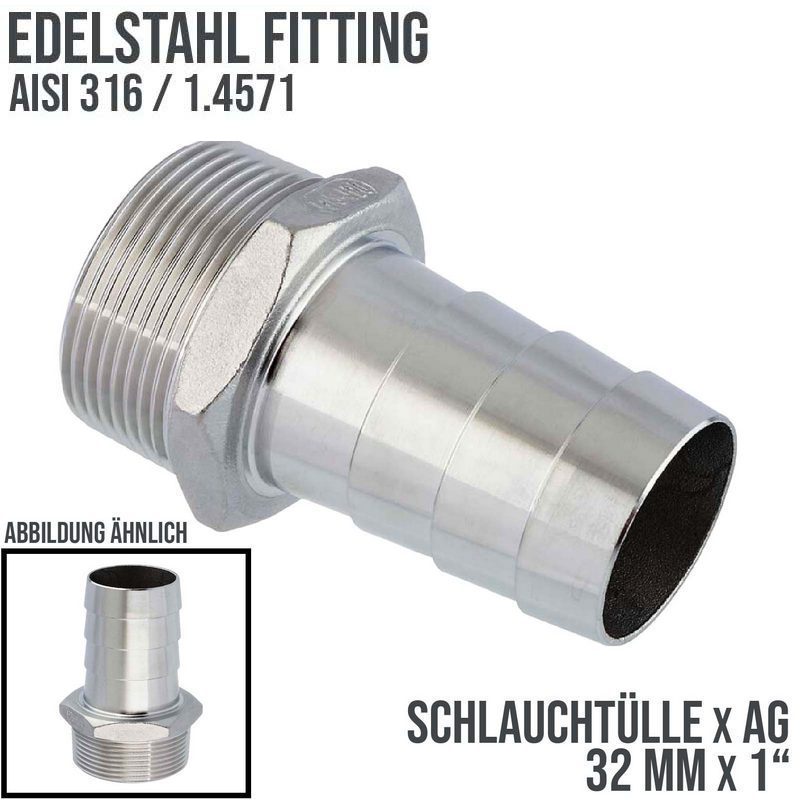 32 mm x 1" Zoll Schlauch Tülle Stutzen Außengewinde AG Nippel Edelstahl AISI 316 VA  Fitting - PN 20 bar