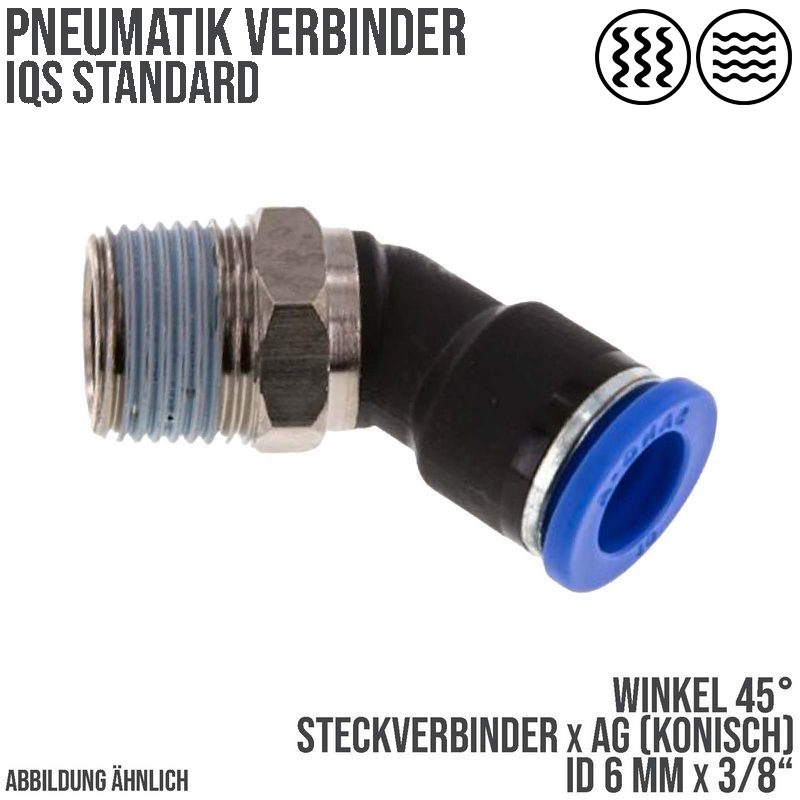 6 mm x 3/8" Pneumatik Steck Verbinder Winkel 45° IQS Außengewinde konisch - PN 20 bar