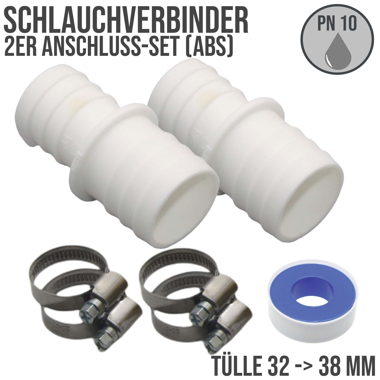 Schlauchverbinder Tülle Doppel Klebe Stutzen Schlauch Pool Reduzierer Verbinder 32x38mm SET (7-teilig)