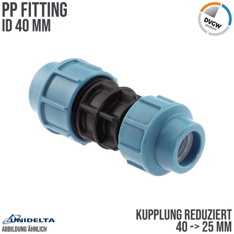 40 x 25 mm PE PP Fitting Klemm Verbinder reduziert Verschraubung Muffe Kupplung DVGW - Unidelta