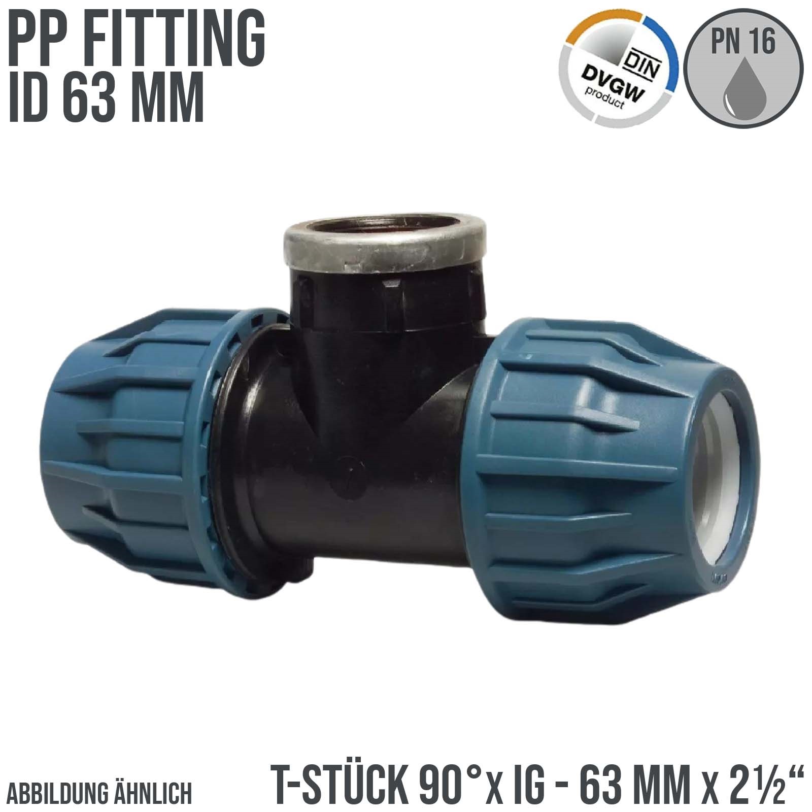 63 mm x 2 1/2" PE PP Fitting Klemm Verbinder Verschraubung Rohr T-Stück 90° x IG DVGW - PN 16 bar 
