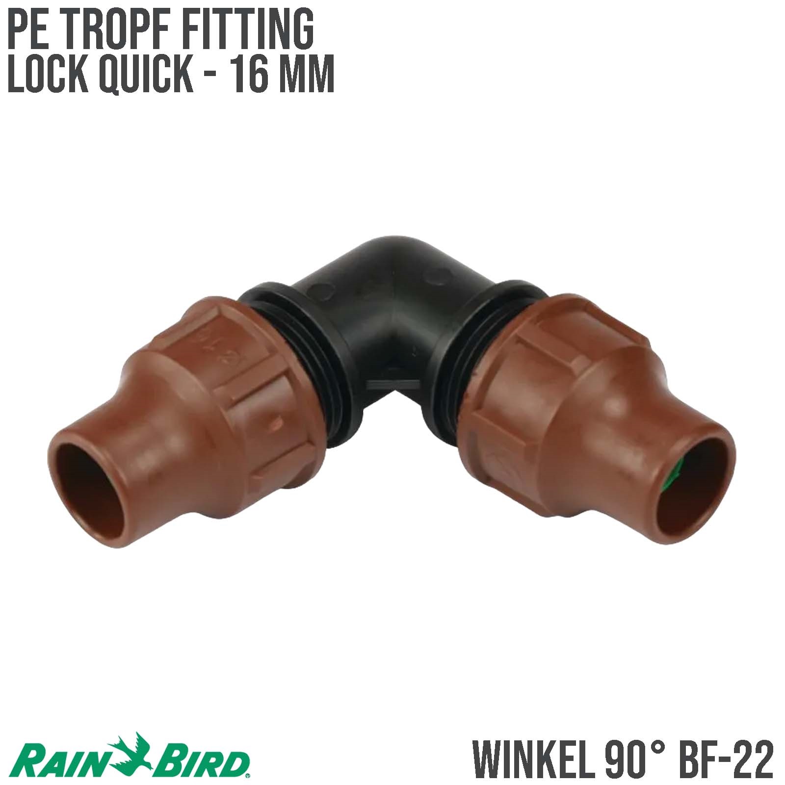 16 mm Rain Bird PP Winkel 90° Lock Quick Tropf Fitting braun Typ BF-22