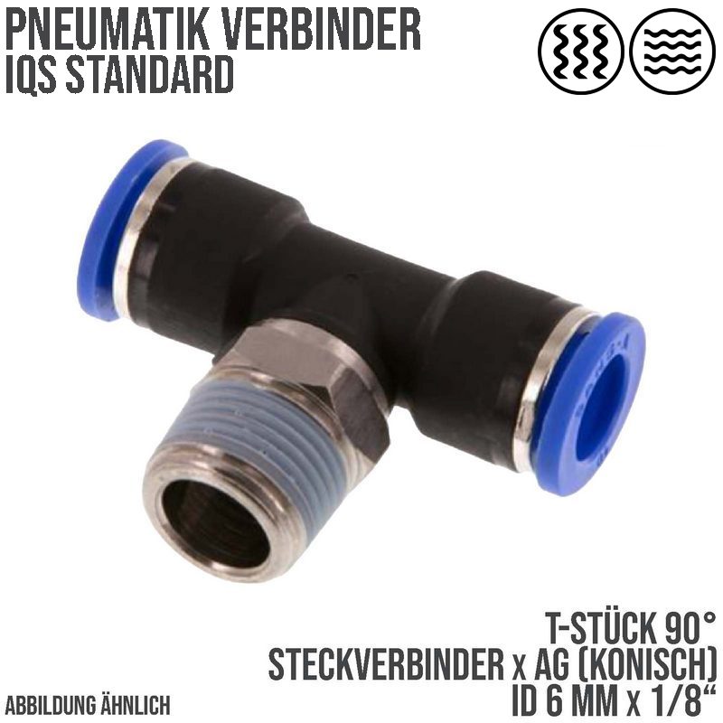 6 mm x 1/8" Pneumatik Steck Verbinder T-Stück 90° IQS Außengewinde konisch - PN 20 bar