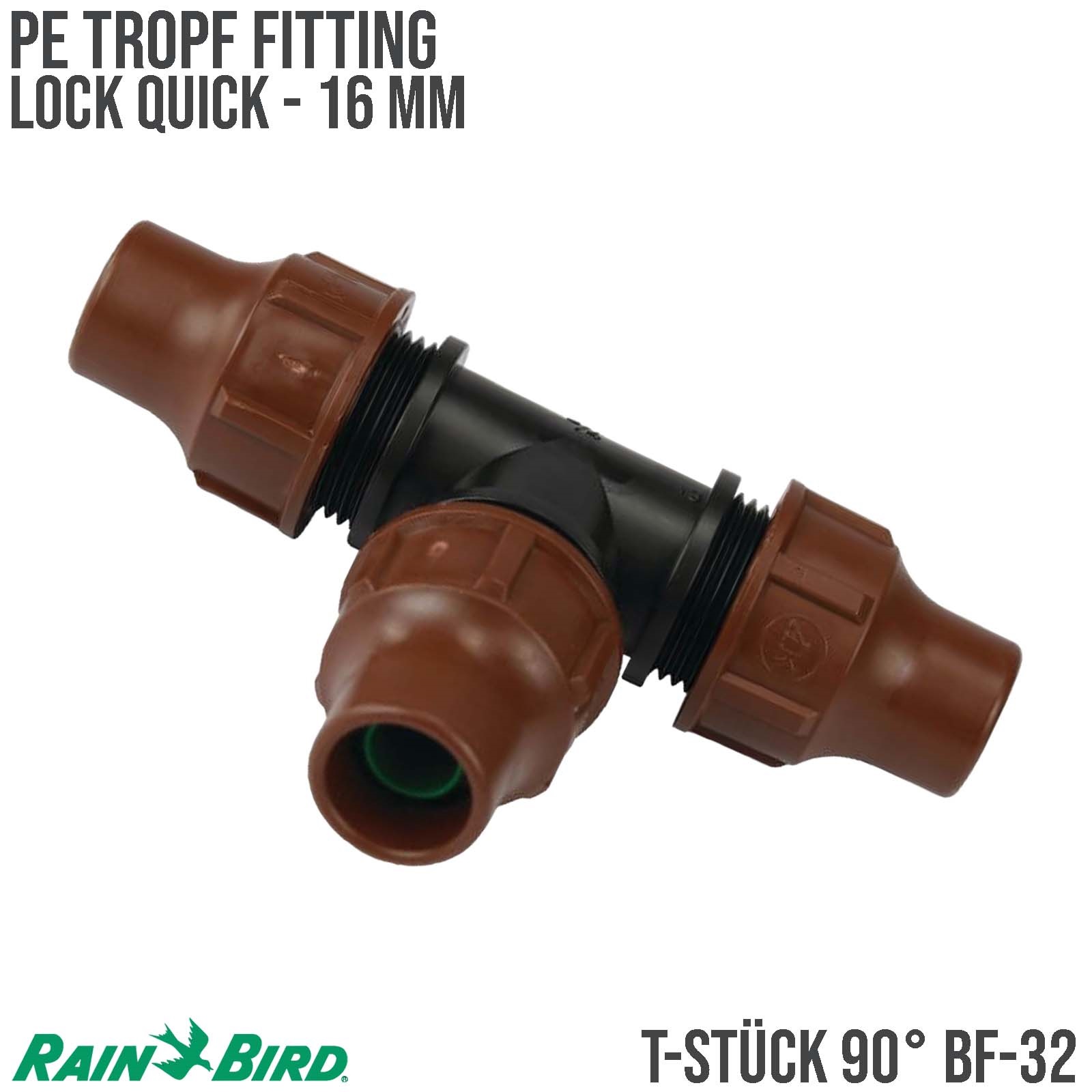 16 mm Rain Bird PP T-Stück 90° Lock Quick Tropf Fitting braun Typ BF-32