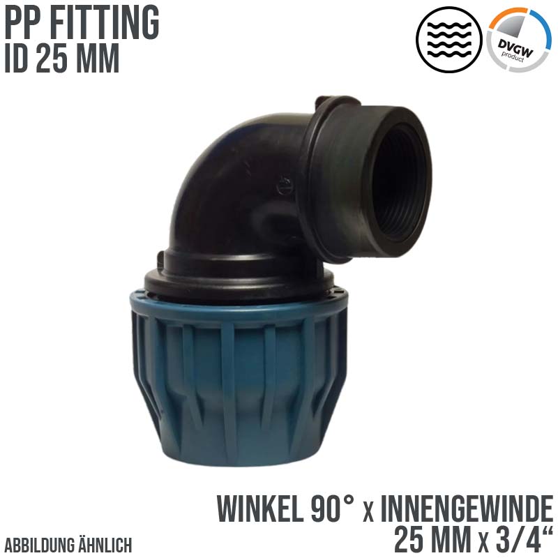 25 mm x 3/4" PE PP Fitting Klemm Verbinder Verschraubung Rohr Winkel 90° x IG DVGW - PN 16 bar