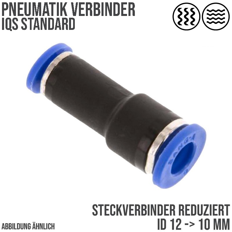 12 -> 10 mm Pneumatik Steck Verbinder IQS gerade reduziert blau/schwarz PA PU Schlauch - PN 20 bar