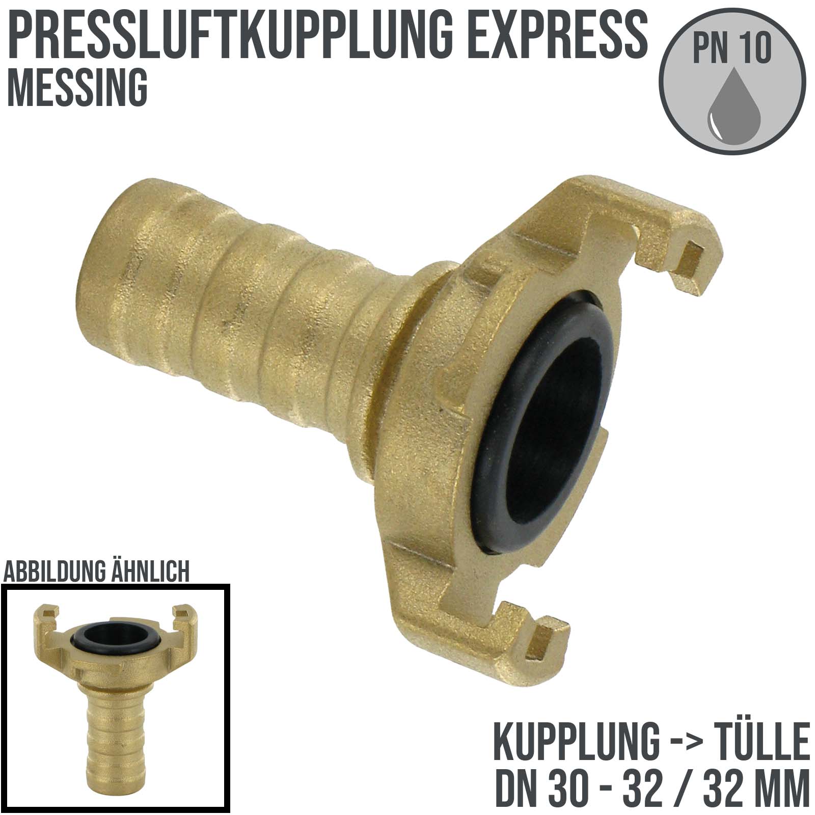 DN 30 - 32 Pressluft Klauen Kupplung Express Messing Abstand 41 mm Schlauch Stutzen Tülle 32 mm - PN 10 bar