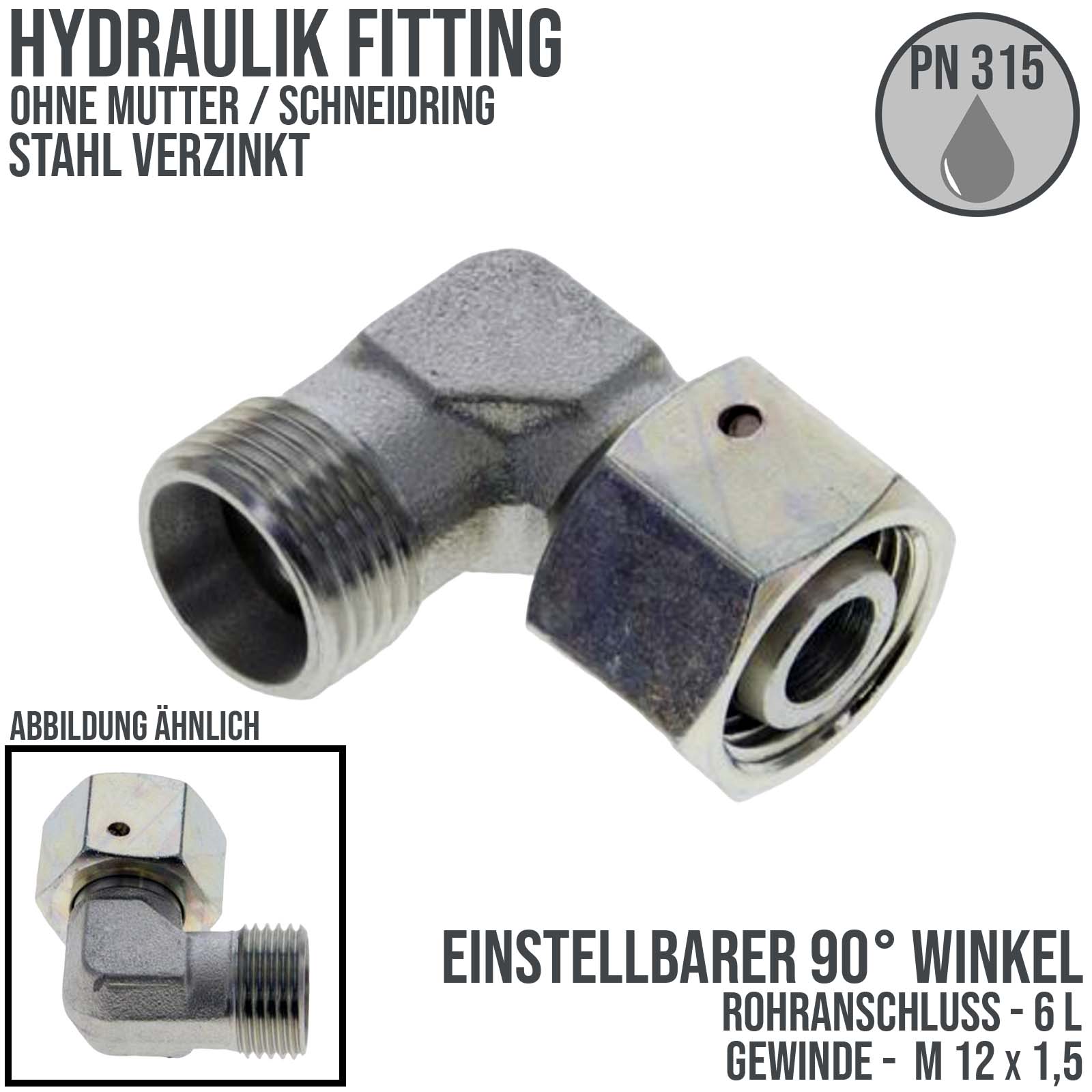 6 L Schneidring Verschraubung einstellbarer Winkel 90° M 12 x 1,5 AG x IG ohne Mutter / Schneidring - PN 315 bar