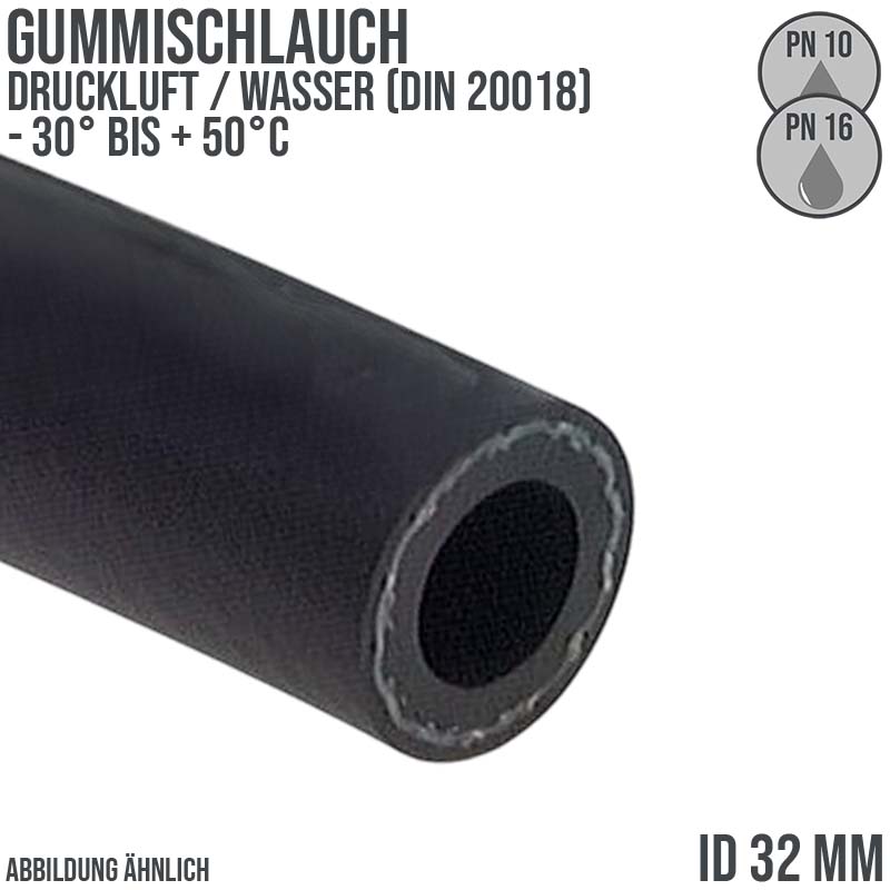 32 x 48 mm Gummi Druckluft Universal Wasser Luft Kompressor Schlauch schwarz - PN 10/16 bar