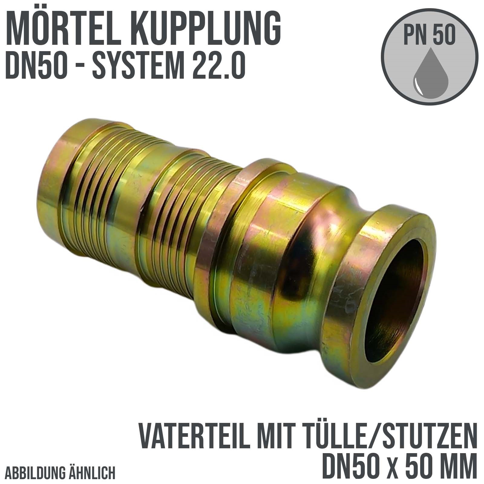 DN 50 Mörtel Kupplung Vaterteil (VT) mit Stutzen Tüllle 50 mm Schlauch Putz Maschine System 22 - PN 50 bar