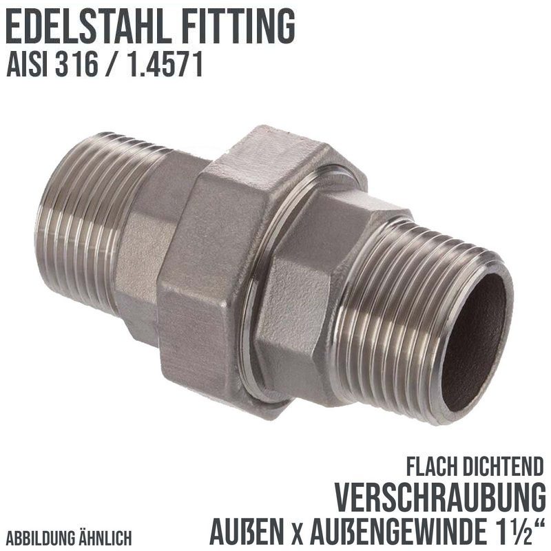 1 1/2" Edelstahl Fitting V4A AISI 316 Verschraubung Außen x Außengewinde AG flach dichtend - PN 16 bar