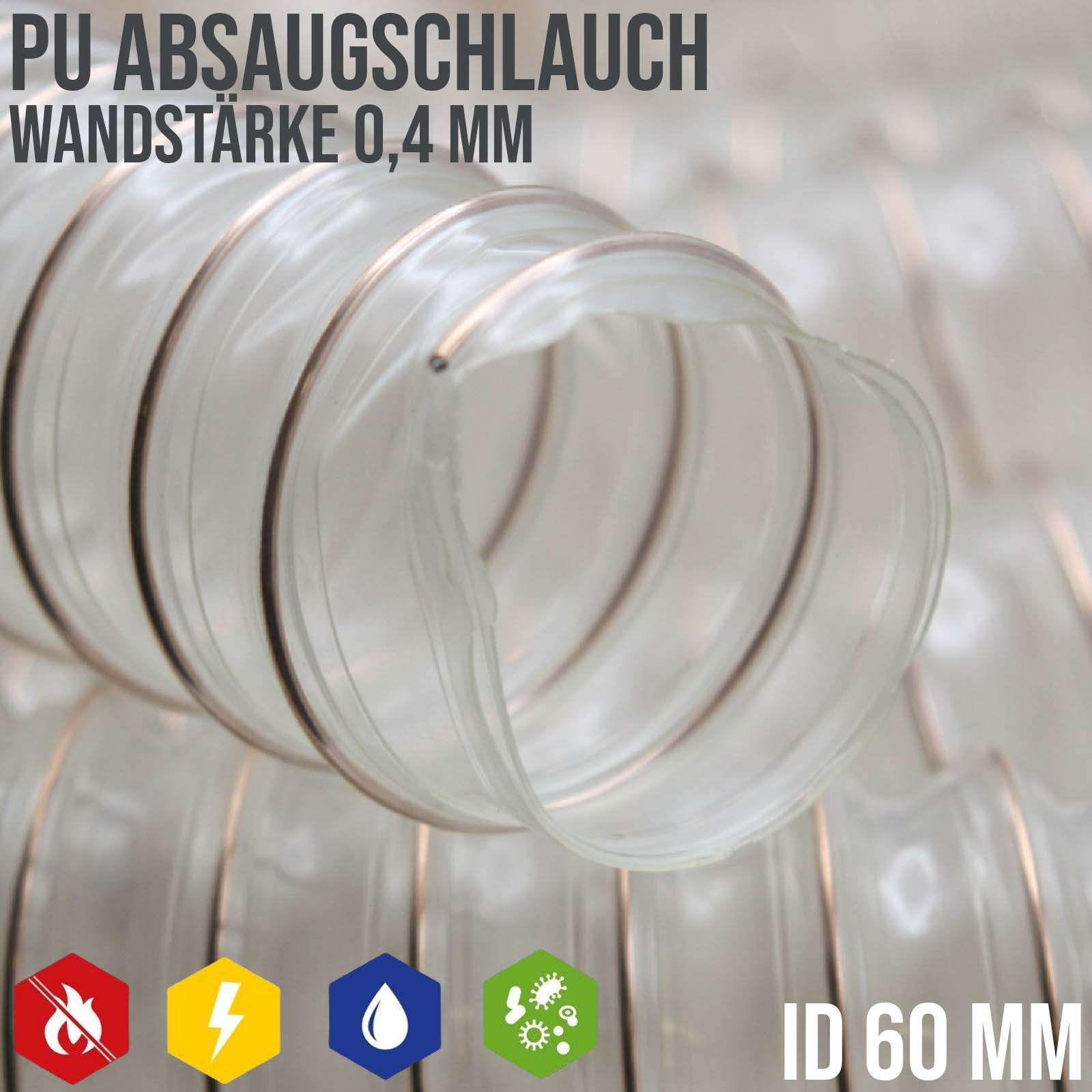 60 mm PU Saug Ansaug Druck Spiral Flex Staub Holz Metall Späne Schlauch Anlage - Wandstärke 0,4 mm  - PN 0,40 bar