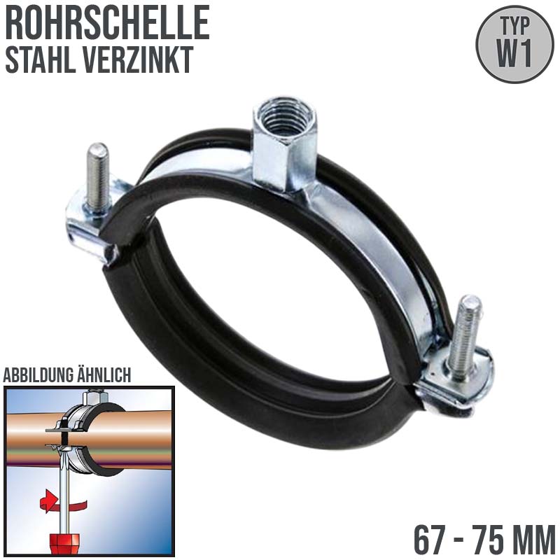 67 - 75 mm Rohr Schraub Schelle Klemme Gummieinlage Fischer M8 M10 2-teilig W1 Stahl verzinkt DIN 4109