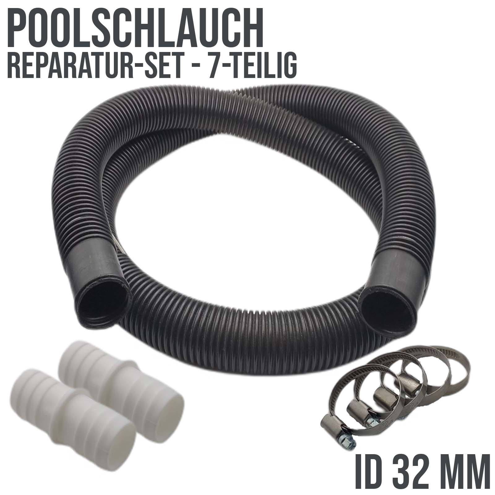 Poolschlauch Reparatur Set  schwarz Schwimmbad Pool Verlängerung 32 mm - 7-teilig